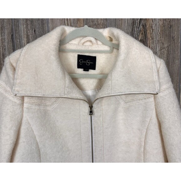 Jessica Simpson Boiled Wool Blend Dress Coat LARGE Ivory W/ Gold Zipper Chic - Picture 2 of 15